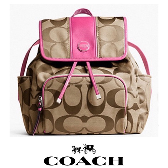 Coach Handbags - Coach Signature Canvas & Pink Patent Trim Backpack